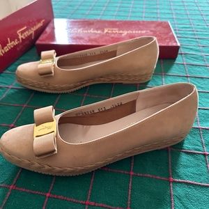 Salvatore Ferragamo 7.5 AA pinkish natural suede with braided edged 1 cm wedge